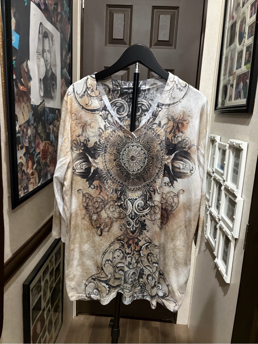 Cream Ornate Medallion V-Neck Women's Top